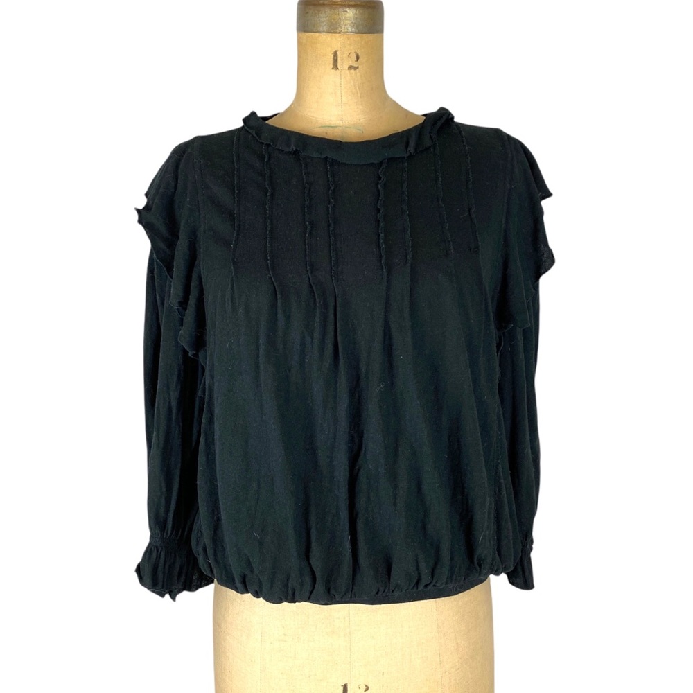 🌷 Free People Black Pintucked Peasant Style Bohemian Blouse Size M